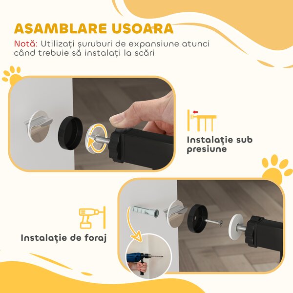 PawHut Poartă de Siguranță pentru Câini cu 2 Extensii, Lățime Reglabilă și Închidere Automată, 74x77cm, Negru | Aosom Romania