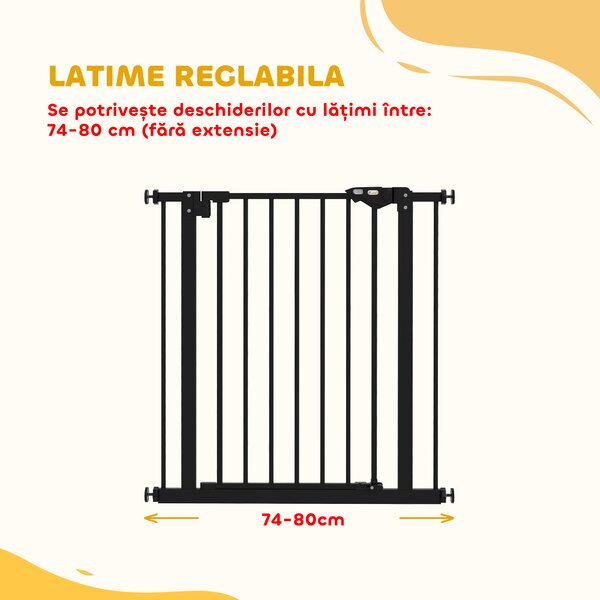 PawHut Poartă de Siguranță pentru Câini cu 2 Extensii, Lățime Reglabilă și Închidere Automată, 74x77cm, Negru | Aosom Romania
