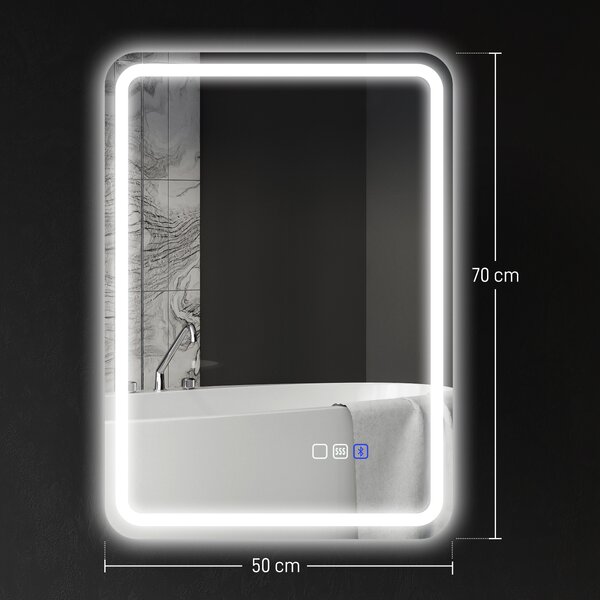 HOMCOM Oglindă de Baie Bluetooth LED 50 x 70 cm cu Anticeață - Argintiu | Aosom Romania