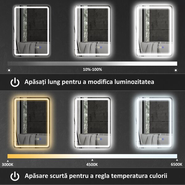 HOMCOM Oglindă de Baie Bluetooth LED 50 x 70 cm cu Anticeață - Argintiu | Aosom Romania