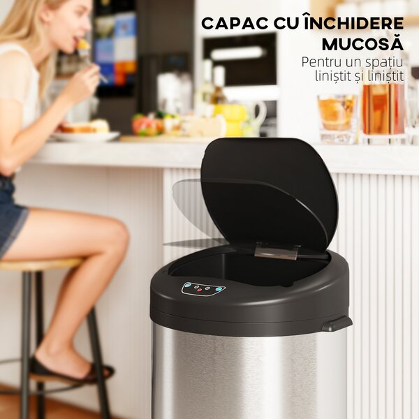 HOMCOM Coș de gunoi de 55L cu senzor pentru deschidere automată și închidere amortizată, 32x30x72.5 cm, Argintiu | Aosom Romania