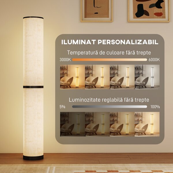 HOMCOM Lampă de Podea cu Telecomandă și Reglaj Temperatură 3000-6000K, Abajur din Material Textil, Ø20x135 cm, Bej | Aosom Romania