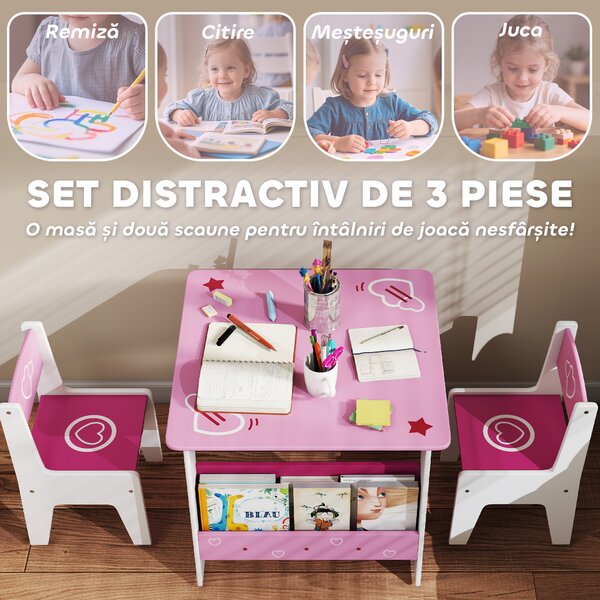 AIYAPLAY Set de masă cu 2 scaune pentru copii 3-8 ani, cu raft în lemn MDF cu motive de inimi, Roz | Aosom Romania