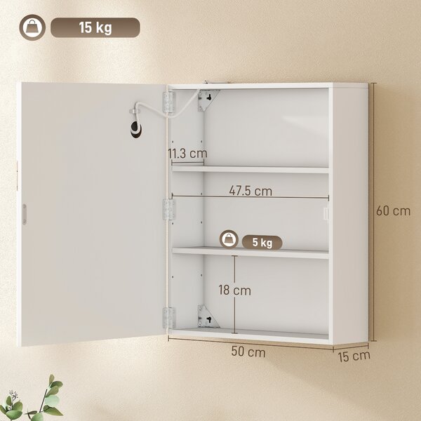 HOMCOM Dulap Baie cu Oglindă și LED, 50x15x60 cm, Anti-Aburire, Rafturi Reglabile, 3 Temperatură de Lumină, Dulap Suspendat din MDF, Alb | Aosom Romania