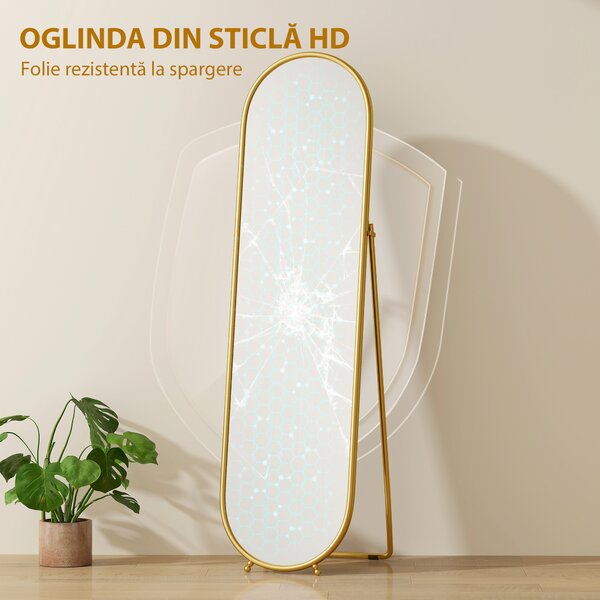 HOMCOM Oglindă Înaltă cu Cadru de Susținere, Oglindă Ovală pentru Dormitor sau Living, 40x4x160 cm, Auriu | Aosom Romania