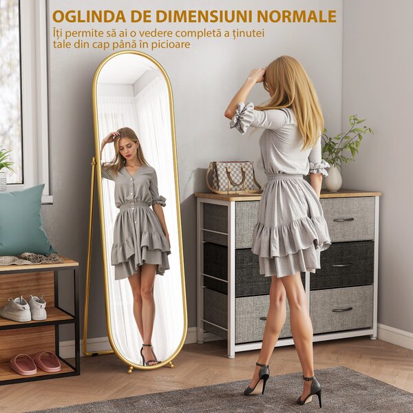 HOMCOM Oglindă Înaltă cu Cadru de Susținere, Oglindă Ovală pentru Dormitor sau Living, 40x4x160 cm, Auriu | Aosom Romania