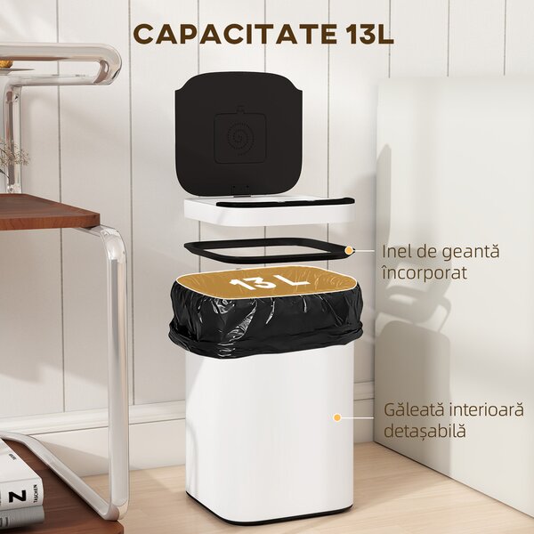 HOMCOM Coș de Gunoi de 13L cu Senzor și Spațiu pentru Deodorante, Coș din Oțel Galvanizat și PP, 24x24x41 cm, Alb și Negru | Aosom Romania