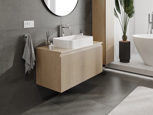 Mexen Rivel, mobilier de baie 100 cm cu blat, 1 sertar, canelat, stejar, 91A20-10047-1-BFC81