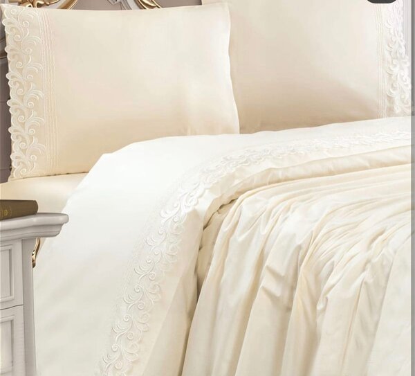 Set Lenjerie Bumbac Damasc Cu Broderie Lux Crem - 4 Piese