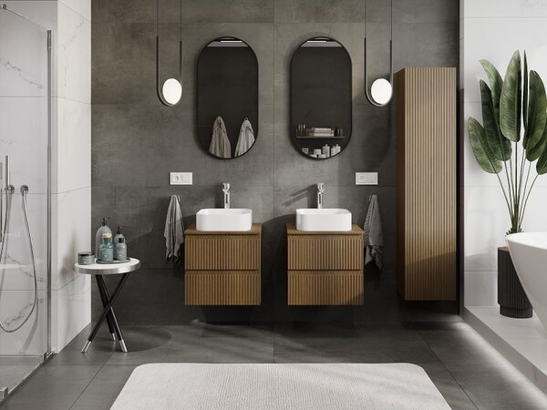 Mexen Rivel, mobilier de baie 50 cm cu blat, 2 sertare, canelat, nuc, 91A20-05047-2-BFFC86