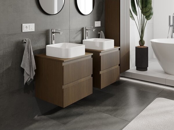 Mexen Rivel, mobilier de baie 50 cm cu blat, 2 sertare, canelat, nuc, 91A20-05047-2-BFFC86