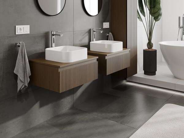 Mexen Rivel, mobilier de baie 60 cm cu blat, 1 sertar, canelat, nuc, 91A20-06023-1-BFC86