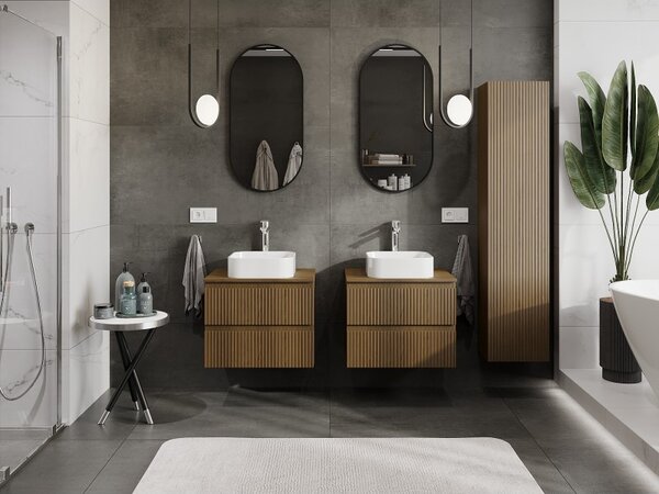 Mexen Rivel, mobilier de baie 60 cm cu blat, 2 sertare, canelat, nuc, 91A20-06047-2-BFFC86