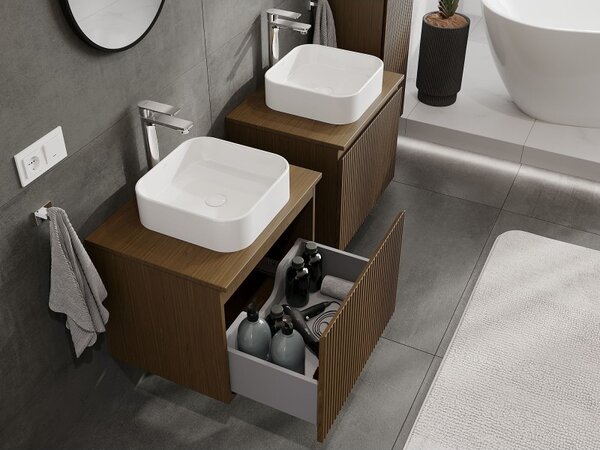 Mexen Rivel, mobilier de baie 60 cm cu blat, 1 sertar, canelat, nuc, 91A20-06047-1-BFC86