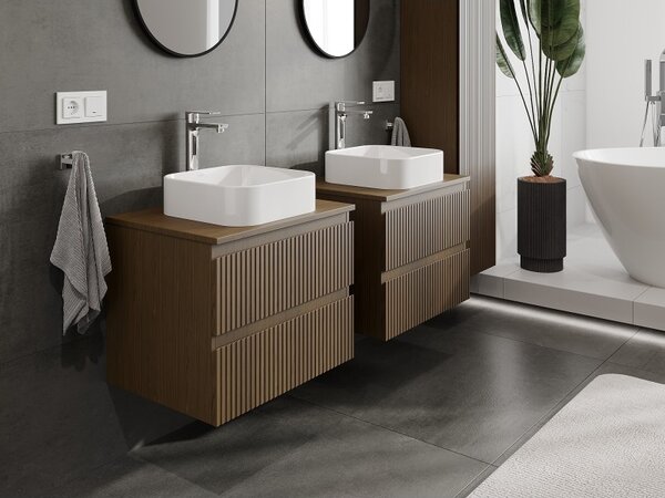 Mexen Rivel, mobilier de baie 60 cm cu blat, 2 sertare, canelat, nuc, 91A20-06047-2-BFFC86