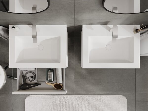 Mexen Rivel, mobilier de baie 60 cm cu lavoar Otis, 2 sertare, canelat, alb mat, 91A20-06047-2-BFF01-W18M01