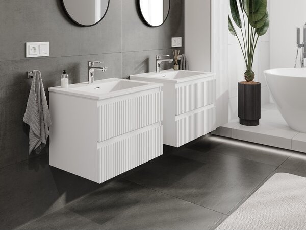 Mexen Rivel, mobilier de baie 60 cm cu lavoar Otis, 2 sertare, canelat, alb mat, 91A20-06047-2-BFF01-W18M01