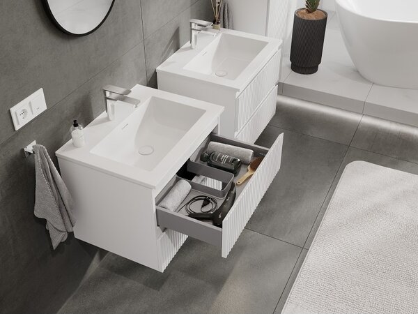 Mexen Rivel, mobilier de baie 60 cm cu lavoar Otis, 2 sertare, canelat, alb mat, 91A20-06047-2-BFF01-W18M01