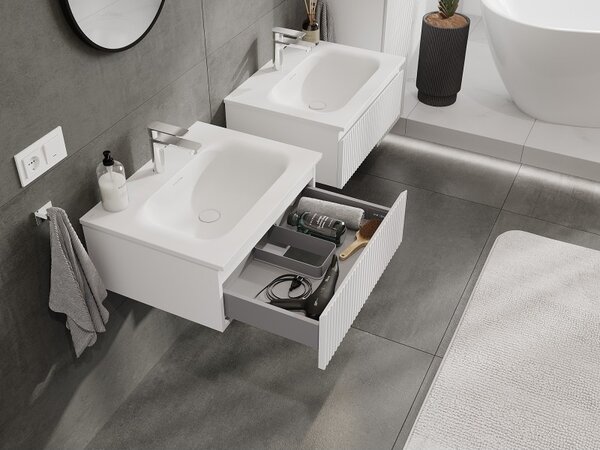 Mexen Rivel, mobilier baie 60 cm cu lavoar Vela, 1 sertar, canelat, alb mat, 91A20-06023-1-BF01-W23M01
