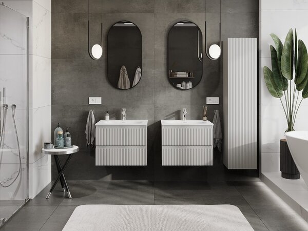 Mexen Rivel, mobilier baie 60 cm cu lavoar Vela, 2 sertare, canelat, gri mat/alb, 91A20-06047-2-BFF62-W23M01