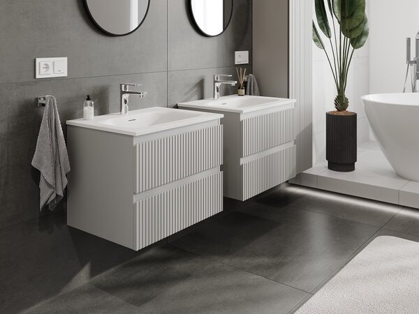 Mexen Rivel, mobilier baie 60 cm cu lavoar Vela, 2 sertare, canelat, gri mat/alb, 91A20-06047-2-BFF62-W23M01