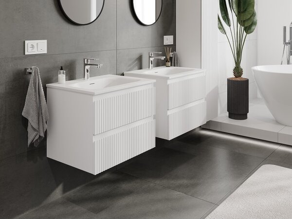 Mexen Rivel, mobilier baie 60 cm cu lavoar Vela, 2 sertare, canelat, alb mat, 91A20-06047-2-BFF01-W23M01