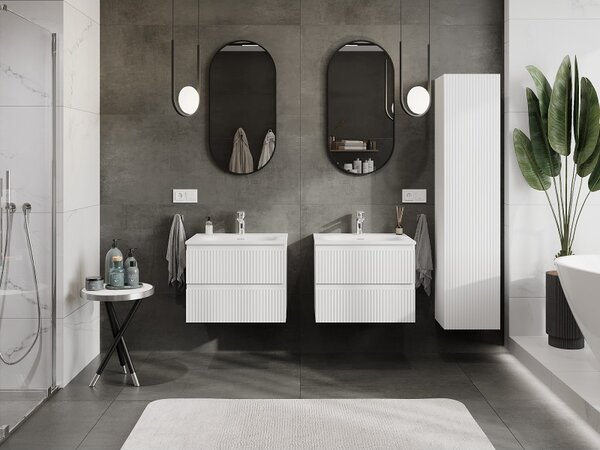 Mexen Rivel, mobilier baie 60 cm cu lavoar Vela, 2 sertare, canelat, alb mat, 91A20-06047-2-BFF01-W23M01