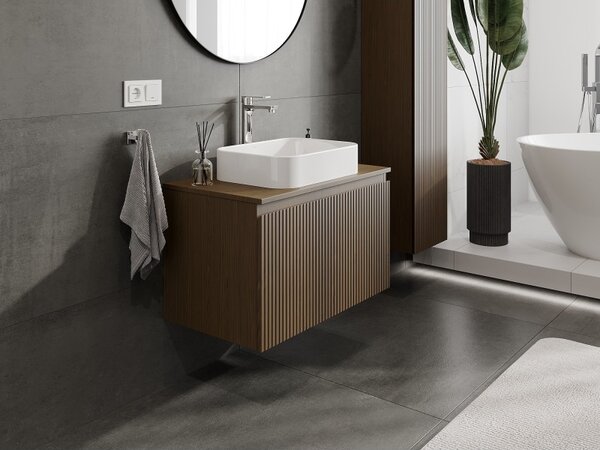 Mexen Rivel, mobilier de baie 80 cm cu blat, 1 sertar, canelat, nuc, 91A20-08047-1-BFC86