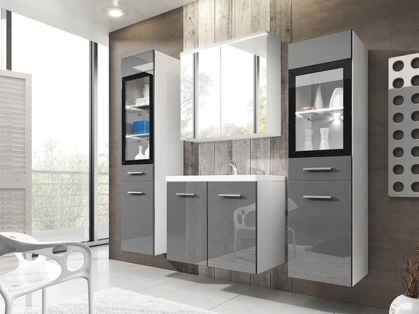 Mobilier baie Apoleon I (alb + gri lucios) (fără baterie, cu sifon, cu lavoar) (fără iluminat LED). 1121793