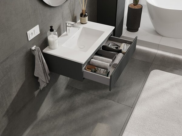Mexen Rivel, mobilier baie 80 cm cu lavoar Otis, 1 sertar, canelat, grafit mat/alb mat, 91A20-08023-1-BF66-W18M01