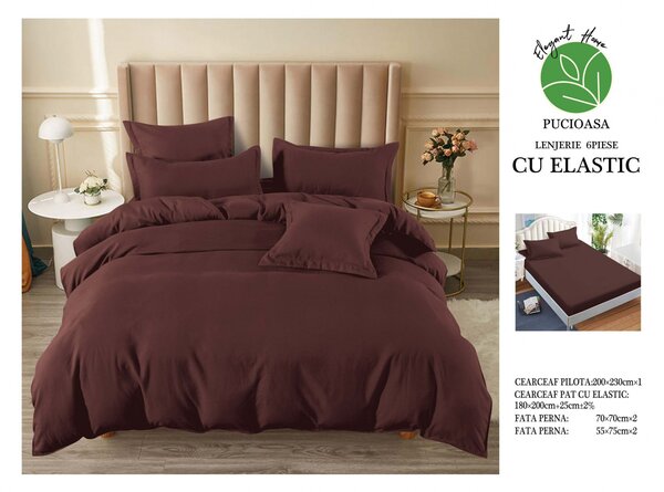 Lenjerie pat dublu, cu elastic, 6 piese - Uni Maro Inchis