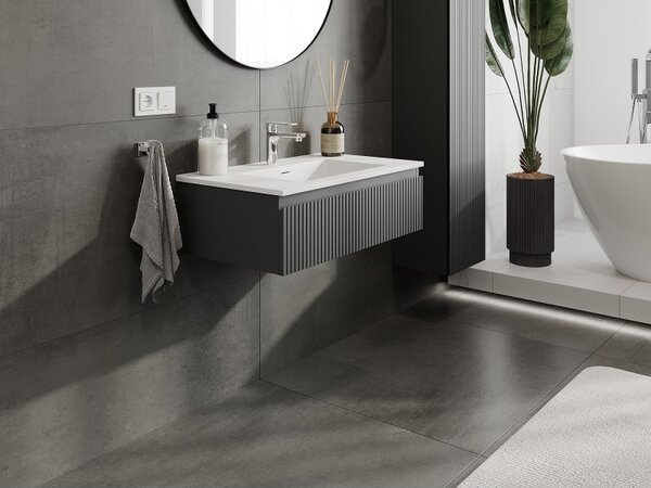 Mexen Rivel, mobilier baie 80 cm cu lavoar Otis, 1 sertar, canelat, grafit mat/alb mat, 91A20-08023-1-BF66-W18M01