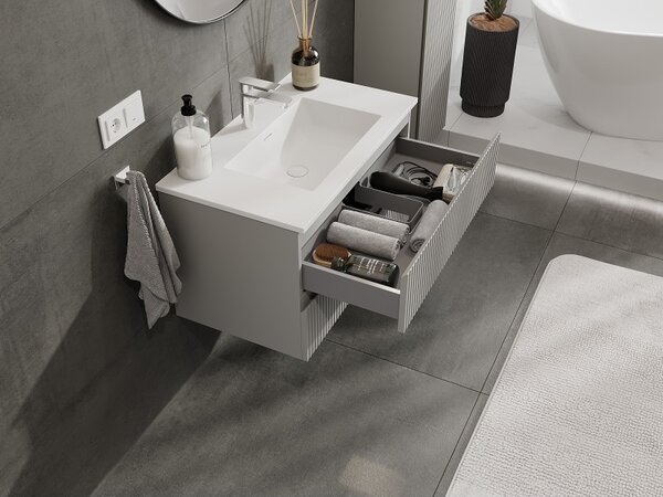 Mexen Rivel, mobilier de baie 80 cm cu lavoar Otis, 2 sertare, canelat, gri mat/alb, 91A20-08047-2-BFF62-W18M01