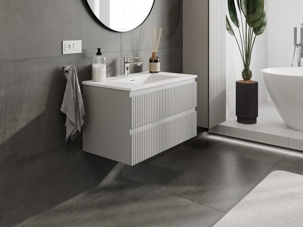 Mexen Rivel, mobilier de baie 80 cm cu lavoar Otis, 2 sertare, canelat, gri mat/alb, 91A20-08047-2-BFF62-W18M01