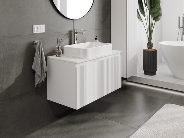 Mexen Rivel, mobilier baie 90 cm cu blat, 1 sertar, canelat, alb mat, 91A20-09047-1-BFC01
