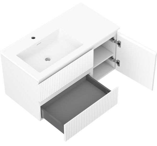 Mexen Rivel, mobilier baie 90 cm cu lavoar stânga Otis, 2S, 1D, canelat, alb mat, 91A23-09047-3-BBFFF01-W18L01