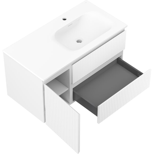 Mexen Rivel, mobilier baie 90 cm cu lavoar dreapta Vela, 2S, 1D, canelat, alb mat, 91A23-09047-3-BBFFF01-W23P01