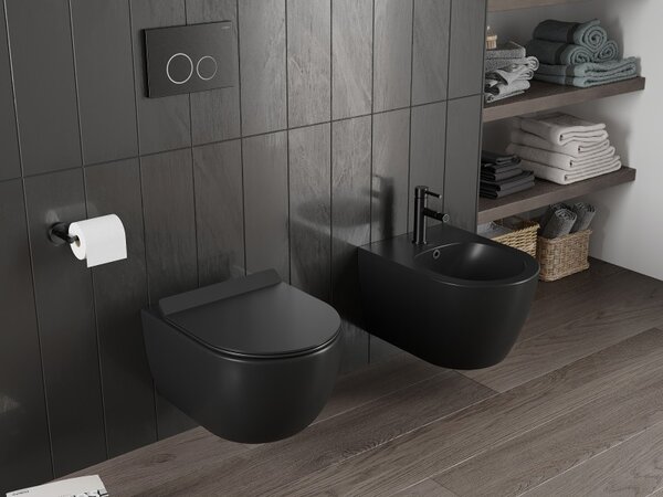 Mexen Carmen, vas de toaletă suspendat 490x365x340 mm, Rimless Tornado + scaun de toaletă duroplast, negru mat, 30880185T