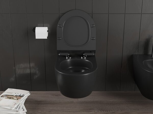 Mexen Carmen, vas de toaletă suspendat 490x365x340 mm, Rimless Tornado + scaun de toaletă duroplast, negru mat, 30880185T