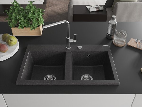Mexen Hektor, chiuveta granit cu 2 camere 800x480x205 mm, pete negre, sifon cromat, 6521802000-76