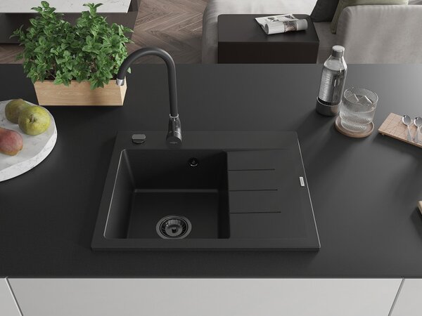 Mexen Ben, chiuvetă granit cu 1 cameră 600x500x190 mm, stânga + sifon negru, negru, 6522605000-77-B