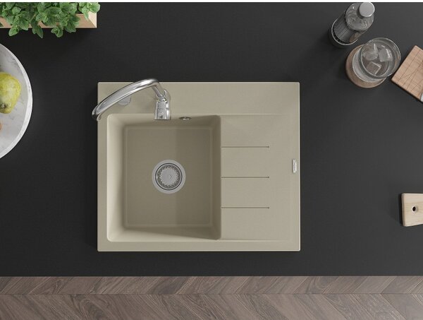Mexen Ben, chiuveta granit cu 1 camera 600x500x190 mm, stanga + sifon crom, bej, 6522605000-69