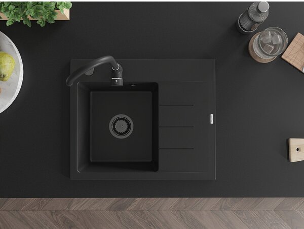 Mexen Ben, chiuvetă granit cu 1 cameră 600x500x190 mm, stânga + sifon negru, negru, 6522605000-77-B