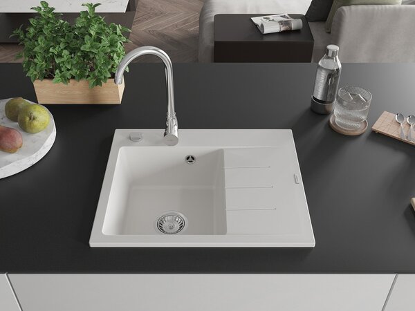 Mexen Ben, chiuveta granit cu 1 camera 600x500x190 mm, stanga + sifon crom, alb, 6522605000-20