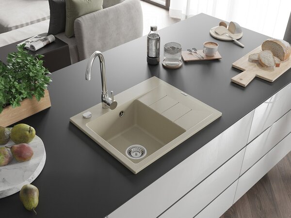 Mexen Ben, chiuveta granit cu 1 camera 600x500x190 mm, stanga + sifon crom, bej, 6522605000-69