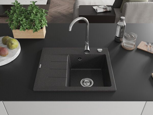 Mexen Ben, chiuveta granit cu 1 camera 600x500x190 mm, dreapta + sifon cromat, pete negre, 6523605000-76