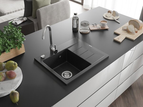 Mexen Ben, chiuveta granit cu 1 camera 600x500x190 mm, stanga + sifon crom, negru-argintiu metalic, 6522605000-73