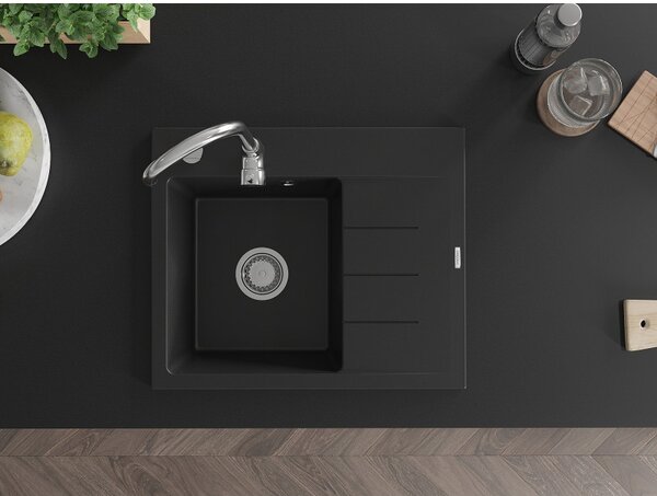 Mexen Ben, chiuveta granit cu 1 camera 600x500x190 mm, stanga + sifon cromat, negru, 6522605000-77
