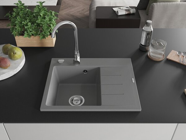 Mexen Ben, chiuveta granit cu 1 camera 600x500x190 mm, stanga + sifon crom, gri, 6522605000-71