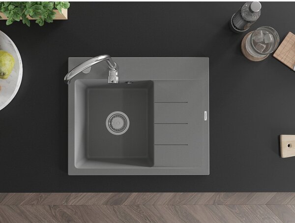 Mexen Ben, chiuveta granit cu 1 camera 600x500x190 mm, stanga + sifon crom, gri, 6522605000-71